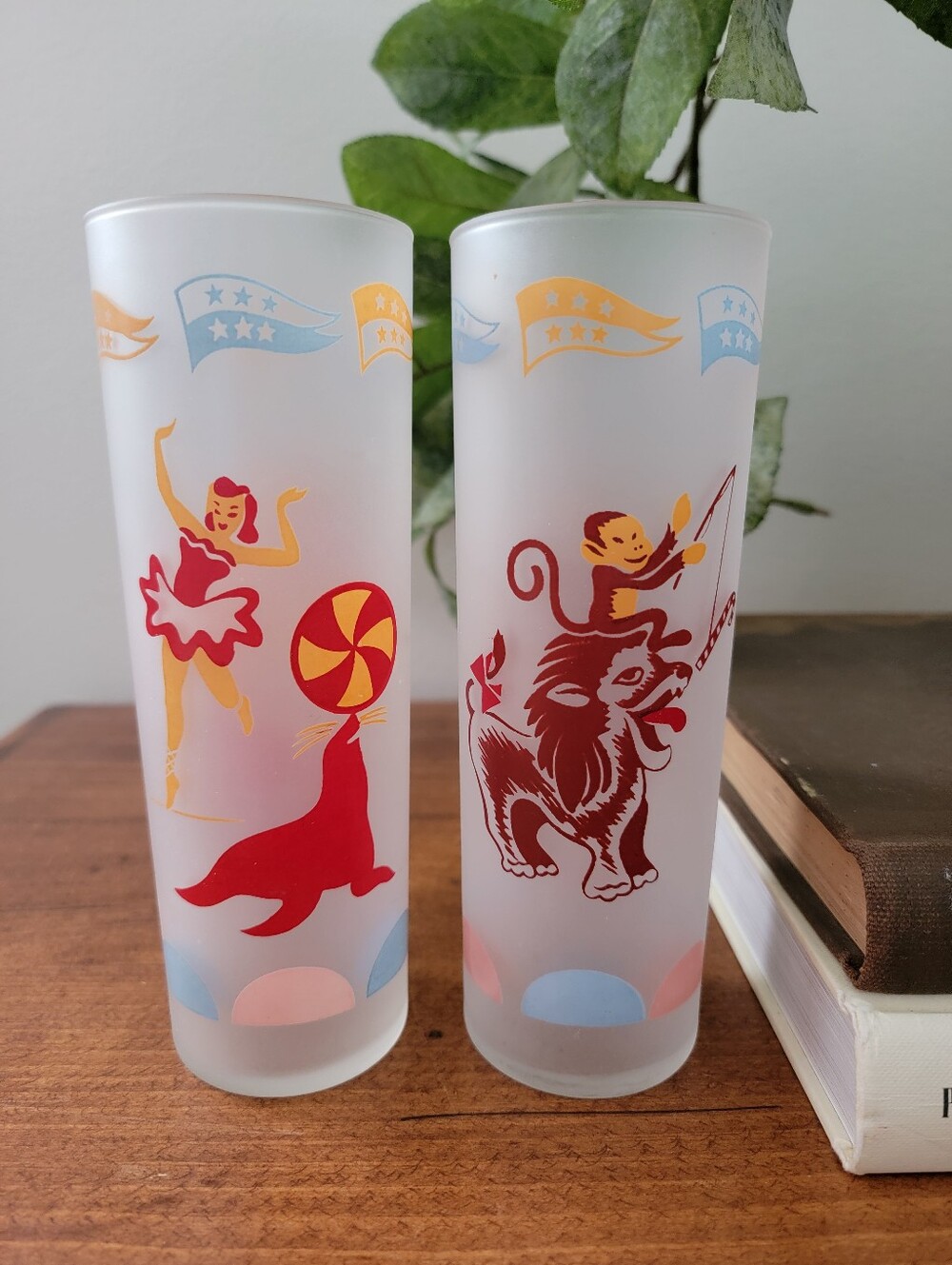 Vintage Libbey Circus Frosted Highball Ice Tea Drinking Glasses Ballerina Monkey